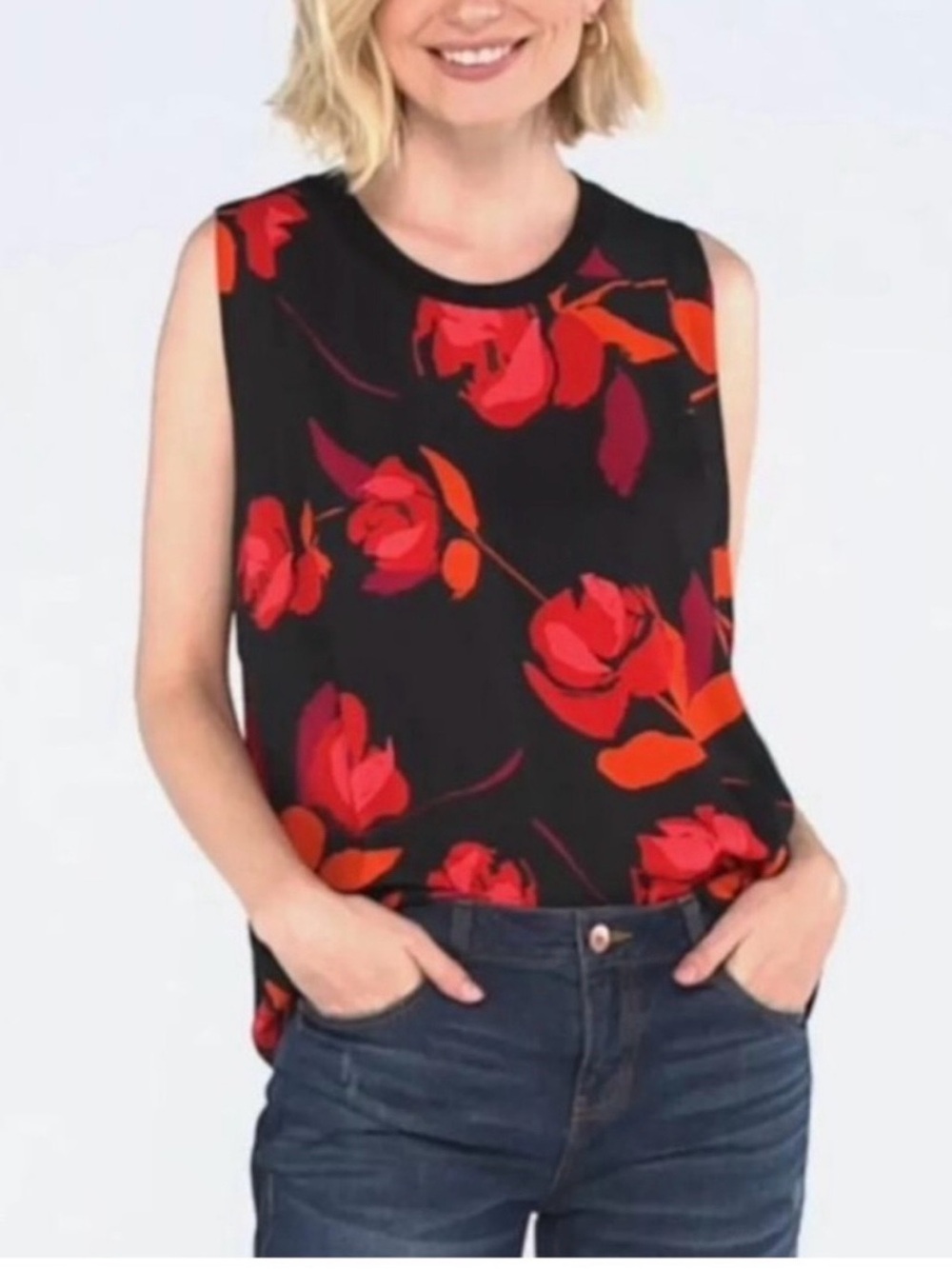 CAbi Complete Top #4552 Sleeveless Tank with Bold Red Floral Print